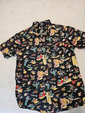 DC Shoe Co Mens Medium Mexico Print Short Sleeve Button Down Shirt Black Mariach